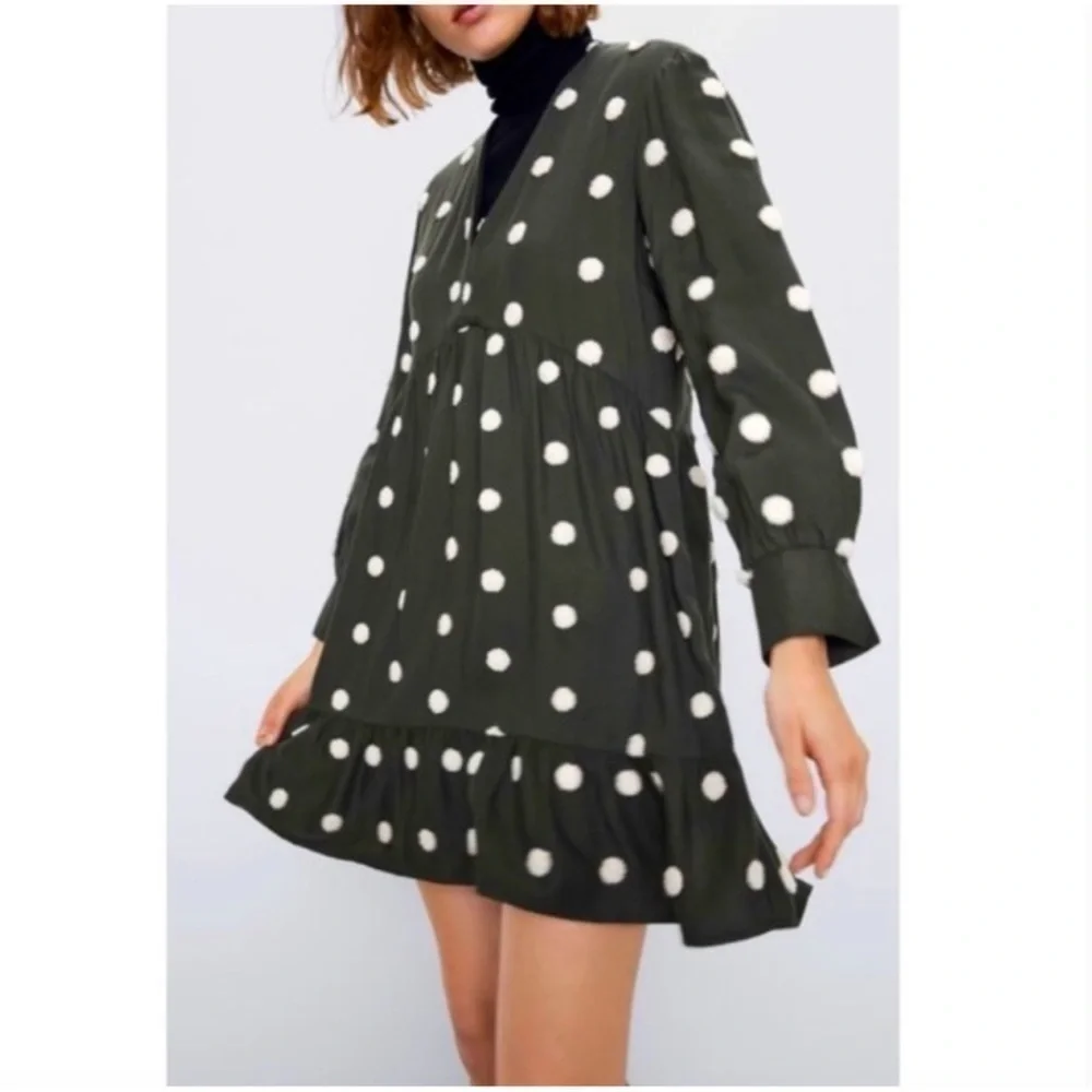 Zara Khaki Green Embroidered Polka Dot Long Sleeve Baby-Doll Dress | Medium - Picture 2 of 14